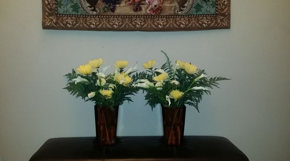 White Calla Lily Yellow Chrysanthemum Leather Leaf Fern
